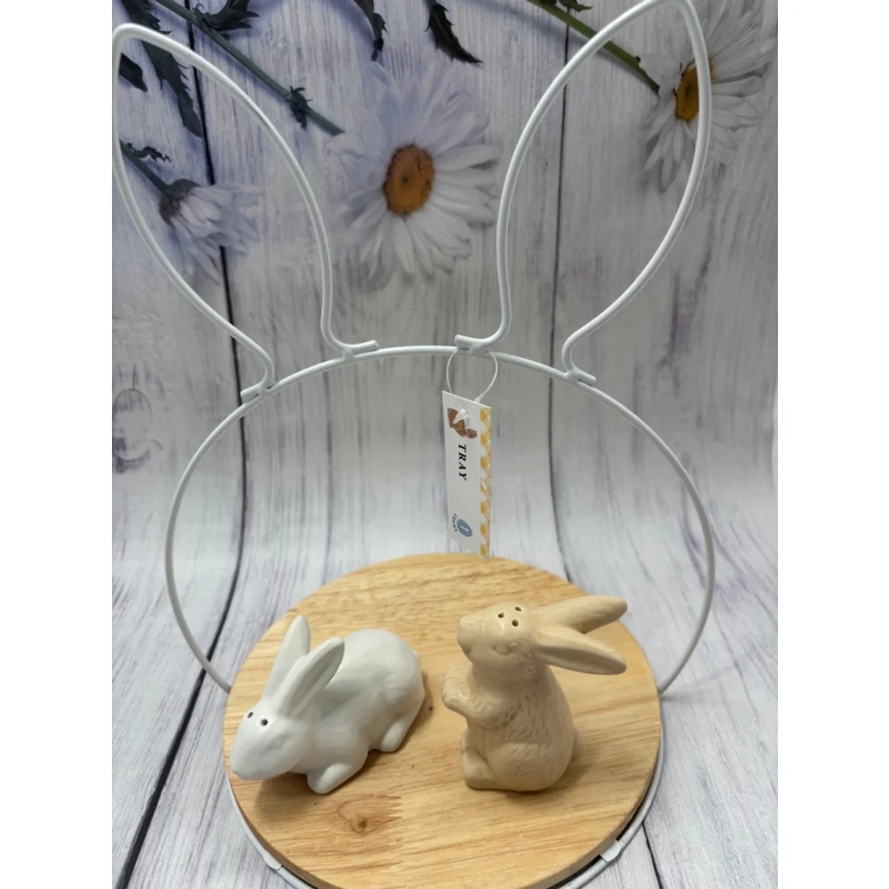 Easter bunny tray with Bunny Salt and Pepper Shakers White and tan